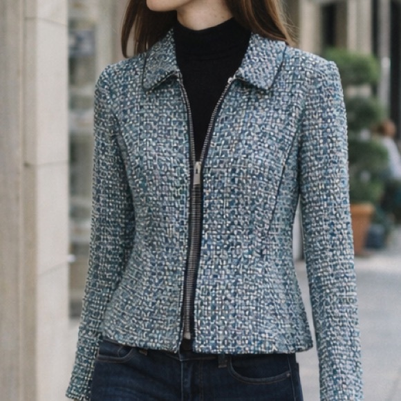 White House Black Market Tweed Zip Jacket Blue Textured Work Blazer Size 10 - Picture 5 of 12